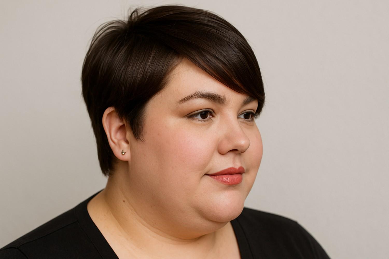 Long pixie with side-swept fringe for chubby face