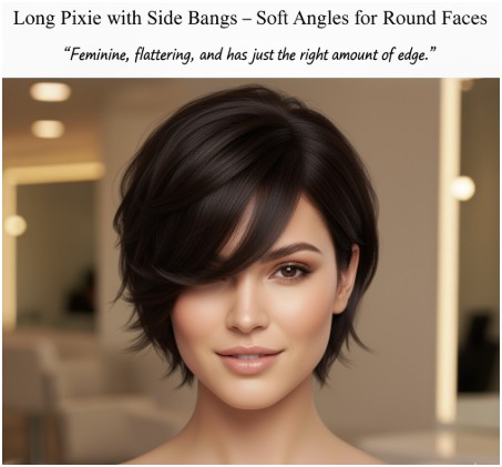 Long Pixie with Side Bangs – Soft Angles for Round Faces