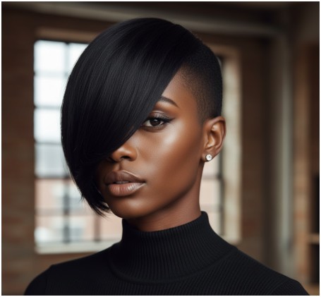 pixie with an elongated fringe- short haircuts for black women shaved on sides