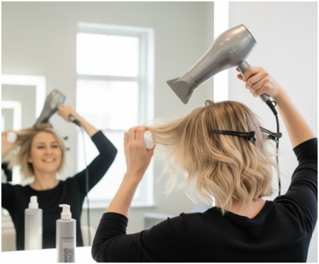 applying a volumizing mousse to damp hair