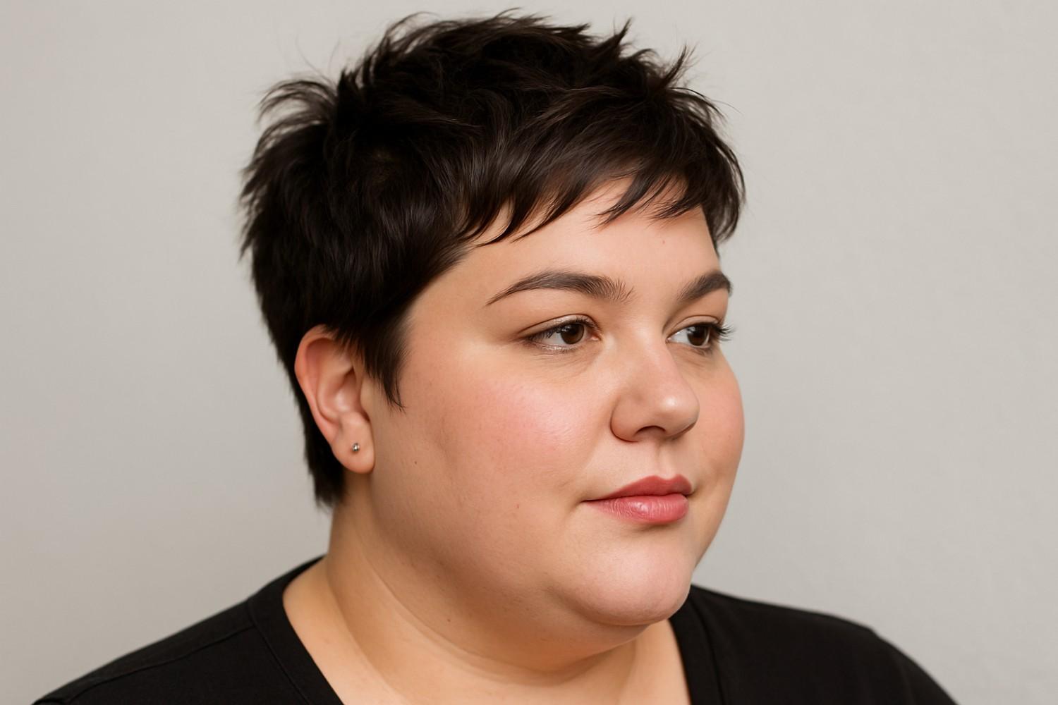 Textured or choppy pixie haircut for plus size woman